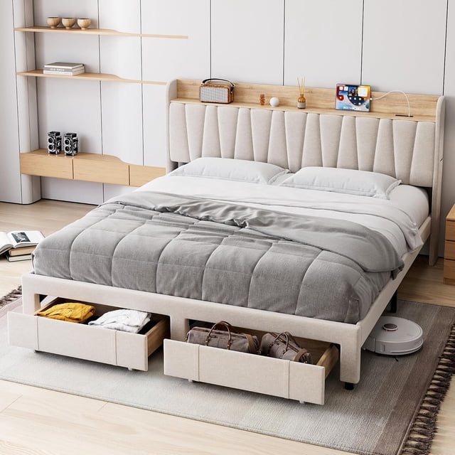 Upholstered Bed Frame with Storage Headboard and Charging Station, Platform Bed Frame with Drawers, Heavy Duty, No Box Spring Needed, Easy Assembly, Beige, King Size