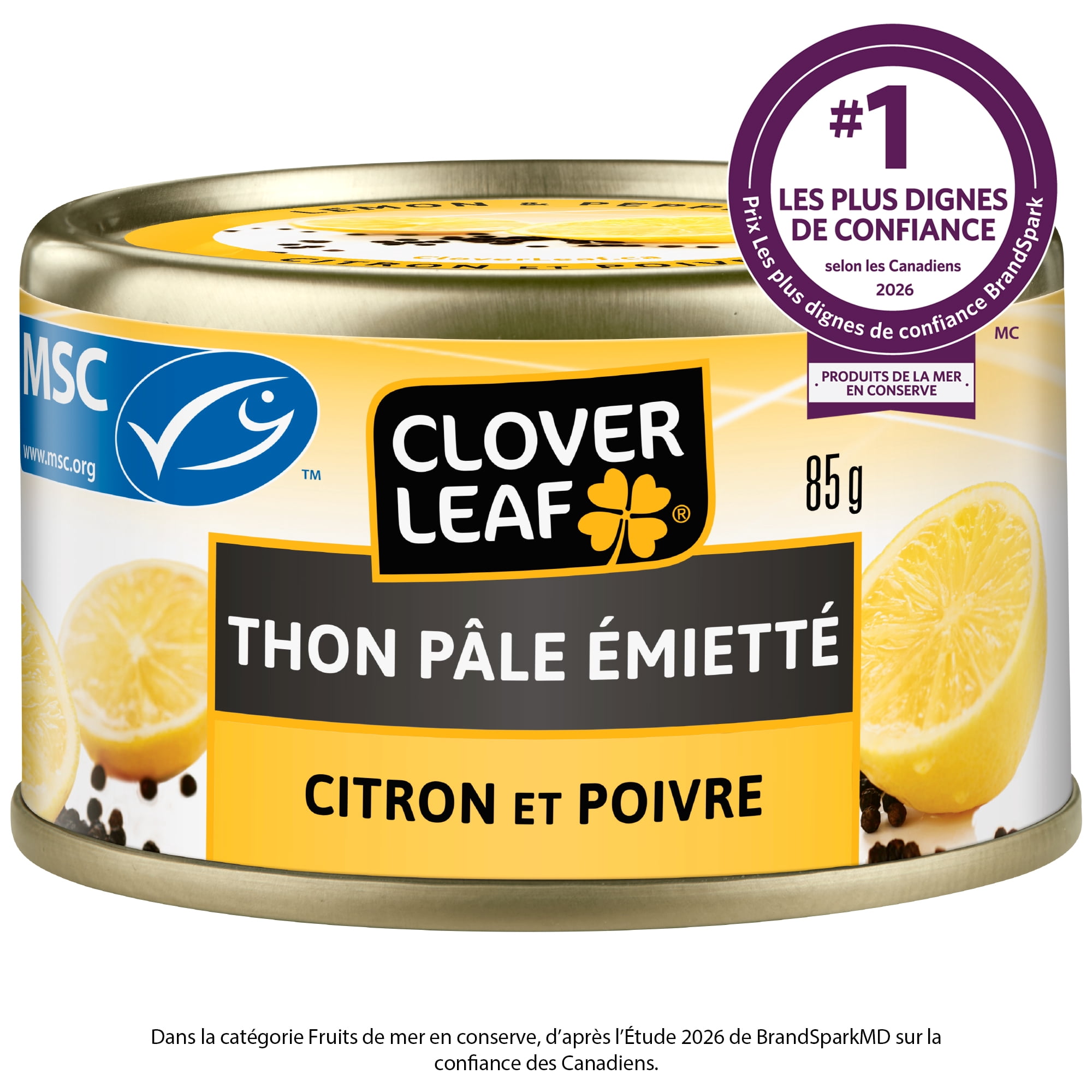 Thon pâle émietté Clover Leaf® - au citron et poivre. Poisson sauvage. 18 g protéines par 1 boîte. Prêt à manger. Sans gluten.