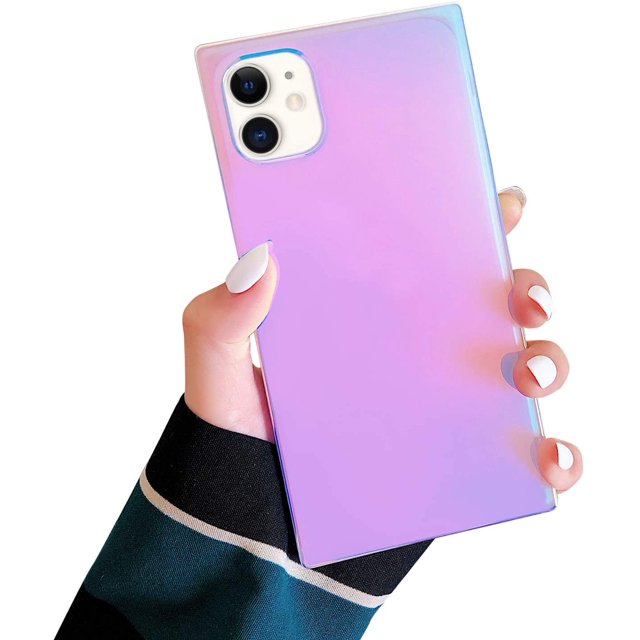 Compatible with iPhone Case, Square Colorful Sparkle Bling Purple Laser Soft Silicone Case Cover Protective Shockproof Fashion Iridescent Design for Girls Women (iPhone 7Plus/8Plus)