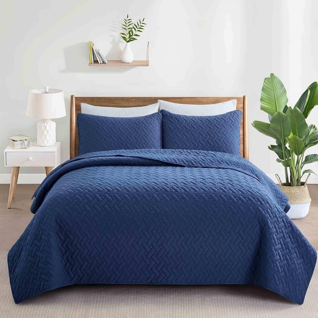 Peace Nest Premium Damask Pattern Reversible Coverlet Set 100% Soft Microfiber Fabric, Navy, Twin Size