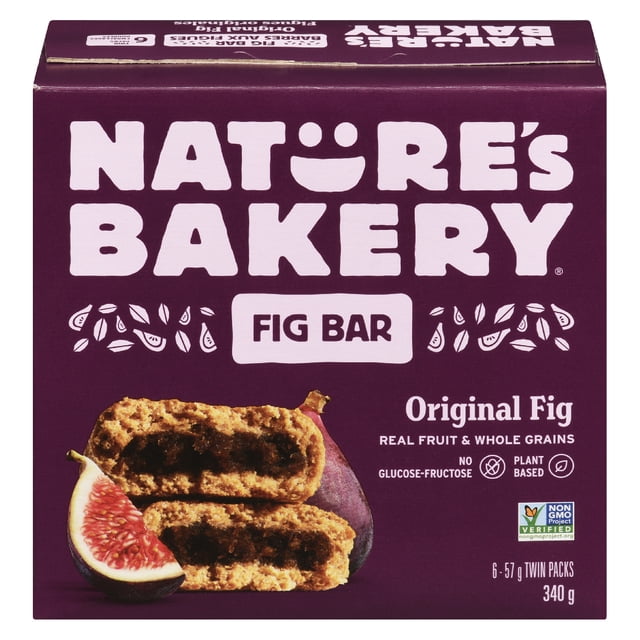 Nature's Bakery Whole Wheat Fig Bars Original Fig flavor box showing semi-sweet soft baked bars made with whole grains and sun-ripened figs, plant-based, nut and dairy free, no artificial flavours, non-GMO verified, 340g in twin 57g packs, ideal for convenient snacking.