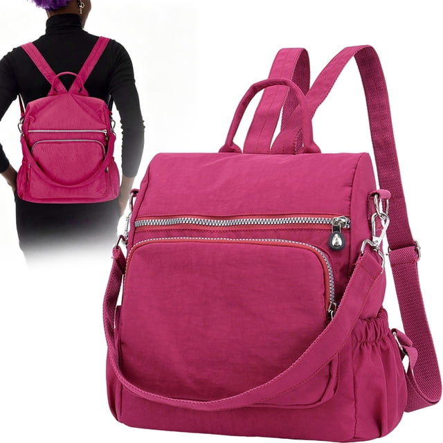 Anti-Theft Convertible Backpack for Women Men, Waterproof Nylon Shoulder Bag Handbag with Multi Pockets(Dark Pink)