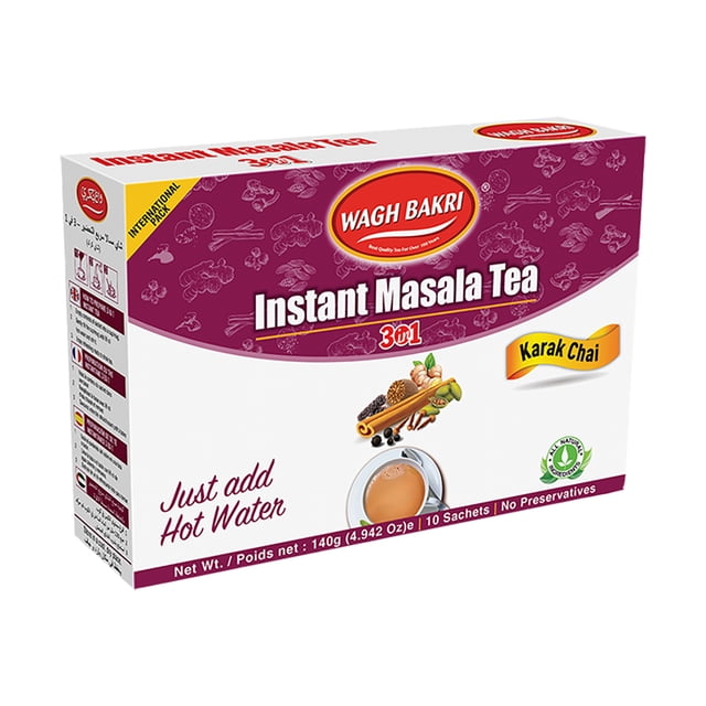 Wagh Bakri Tea Instant Masala 3-in-1 140g box with white and purple packaging, featuring the brand logo and labeled Instant Masala Tea Karak Chai, containing 10 sachets, illustrated with spices like cinnamon and cardamom, and instructions to just add hot water, suitable for quick traditional chai preparation.