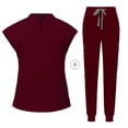 thumbnail image 4 of Ensemble de Sarraus pour Femmes, Haut de Sarrau Extensible à Col Montant et Pantalon Jogger à Cordon avec Multiples Poches, Anti-Froissement, Uniforme de Travail Infirmier, Ensemble à Col Montant, Uniforme Confortable, Bourgogne, 4 of 5