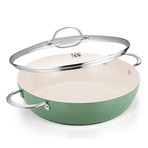 Koch Systeme CS 12 inch Stainless Steel Deep Frying Pan with Lid, 6-Quart Deep Saute Pan with Nonstick Caremic Coating, Induction Compatible, Green