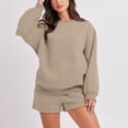 thumbnail image 2 of Ensemble de Survêtement pour Femmes avec Shorts, Tenue 2 Pcs pour l'Automne, Chandails à Manches Longues Décontractés Surdimensionnés à Col Ras du Cou, Shorts à Taille Élastique, Ensembles Assortis Kaki, 2 of 7