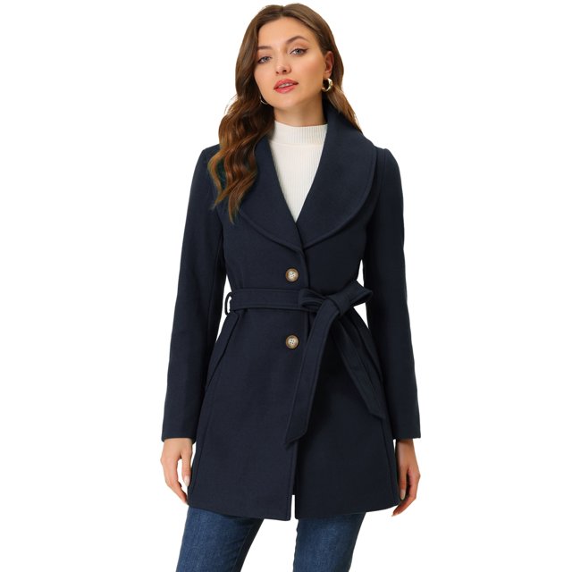 INSPIRE CHIC Manteau Trench Long pour Femme, Mignon, Col Rabattu, Simple Boutonnage, Ceinturé, L Bleu Foncé