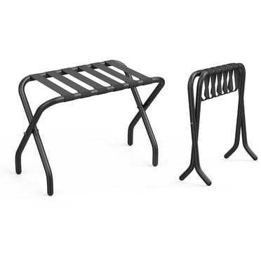 Support à Bagages Pliable Noir en Acier Inoxydable Robuste avec Cadre Métallique Renforcé et 6 Sangles en Nylon - Support de Valise Gain de Place pour Chambres d'Amis, Hôtels et Voyages, Assemblage Facile, Rangement Robuste