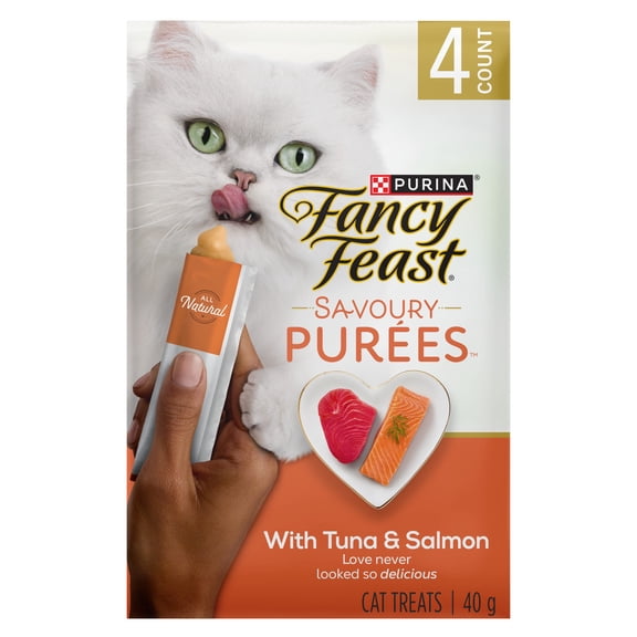 Purina Fancy Feast Savoury Purée Naturals avec Saumon Naturel et Thon dans une Sauce Demi-Glace, Gâteries pour Chats 40g