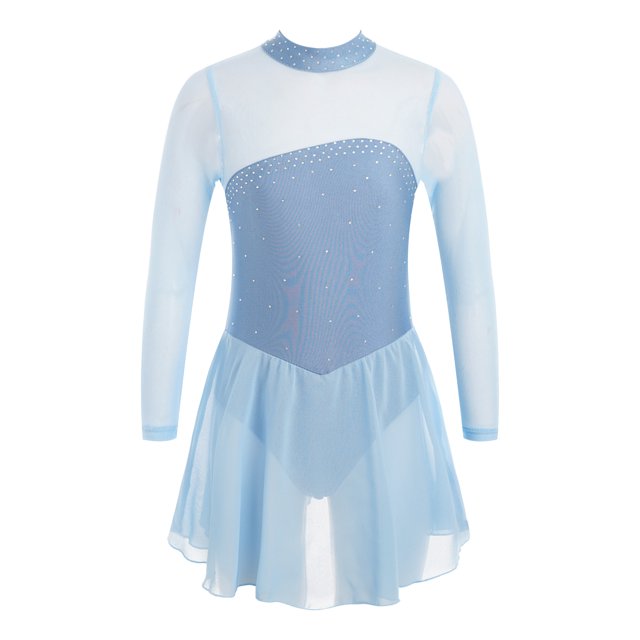 Sxiwei Kids Girls Long Sleeve Mesh Splice Figure Skating Dress with Rhinestone Keyhole Back Gymnastic Sky Blue 6