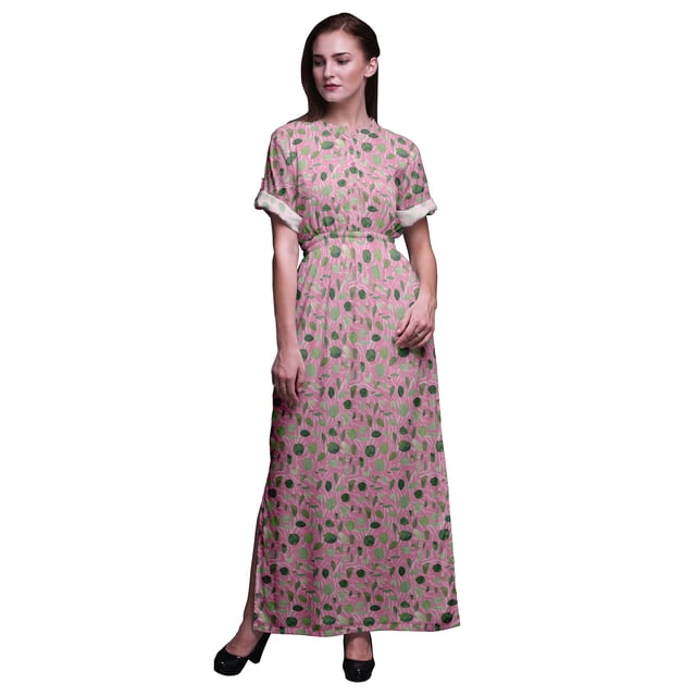 Bimba Rayon Cabbage Leaves Printed Womens Long MaxiDressGown With Side Slit-Medium