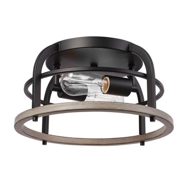 Globe Electric Plafonnier affleurant à 2 ampoules Shilah, noir mat, accent similibois