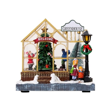 Siruishop Christmas Illuminated Village Greenhouse Miniature with Music for Bedroom Desktop