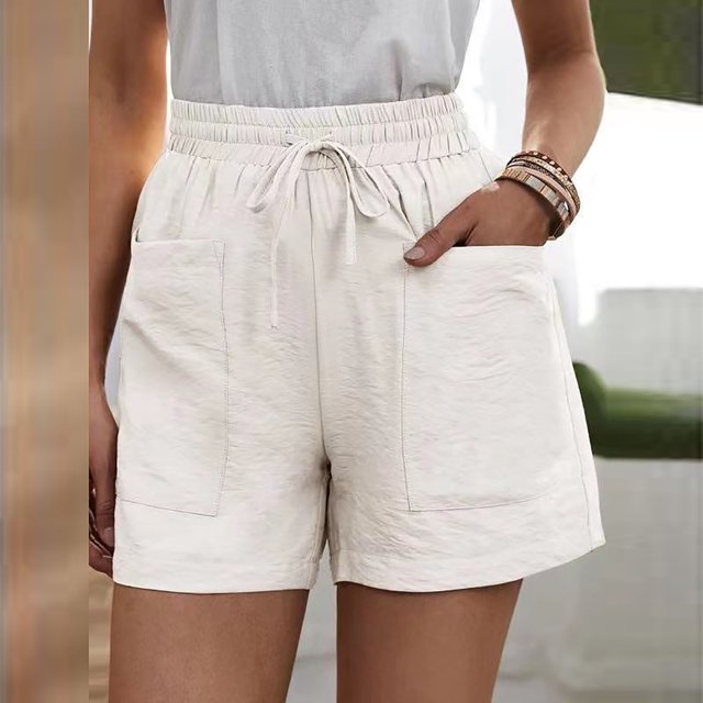 Jsaierl Shorts for Women Cotton Linen Drawstring Elastic Waisted Straight Wide Leg Lounge Shorts Comfy Solid Color Shorts Plus Size Shorts with Pocket
