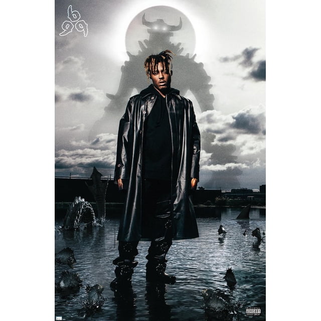 Juice WRLD - Fighting Demons Album Cover Wall Poster depicting a figure in a long black leather coat and boots standing in shallow water surrounded by dark spiked fish. Behind, a large shadowy horned monster with glowing eyes is cast against a cloudy sky with a bright circular light. The white '999' logo is in the top left and a parental advisory label is in the bottom right.