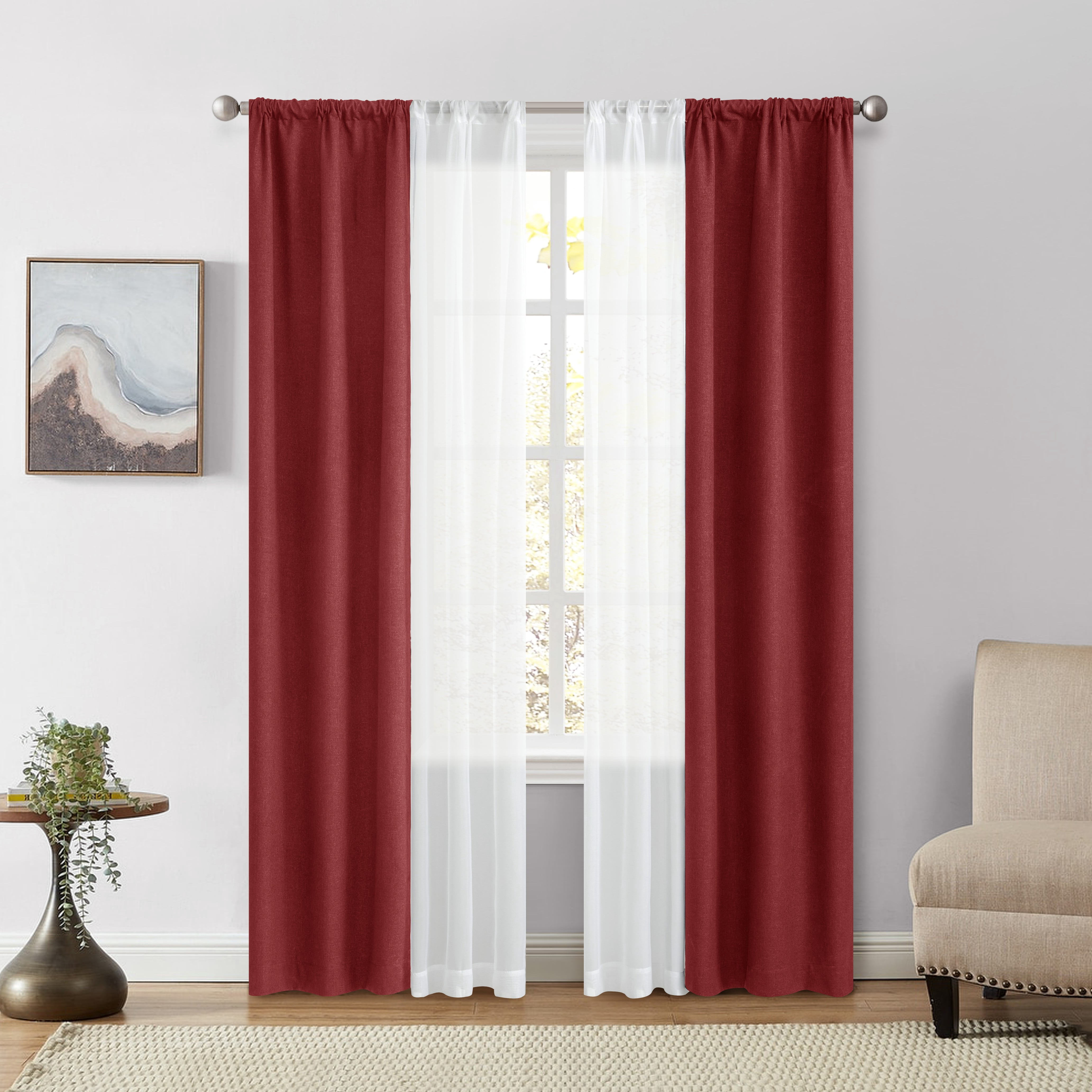 Mainstays Solid Twill Blackout Curtain Panel and Sheers, Set of 4, Merlot, 27.5" W x 84" L