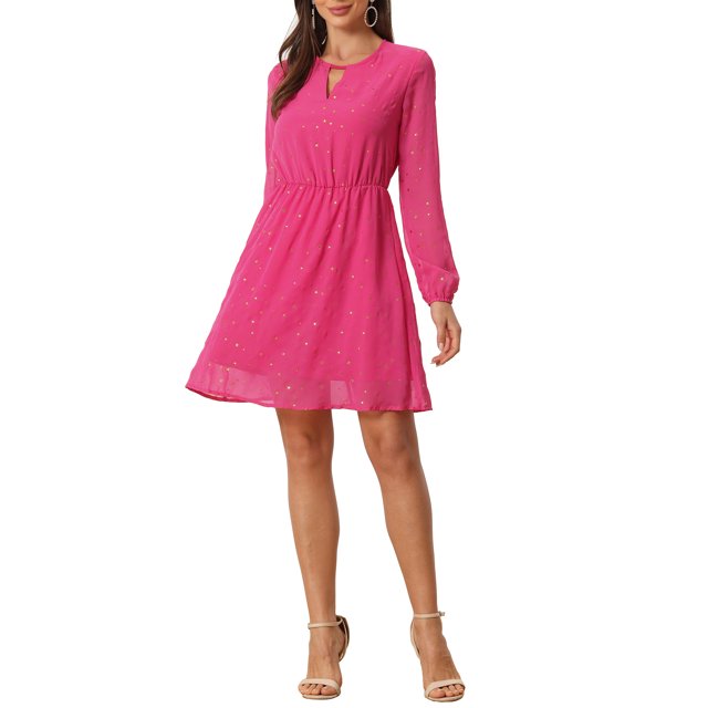INSPIRE CHIC Robe pour Femme Dorure Étoile Col en V Manches Longues Robe de Soirée Évasée Ligne A TP Rose Vif