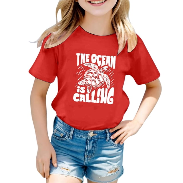 FhsagQ le 7 Juillet T-Shirt Décontracté pour Enfants à Motif de Lettres Imprimé Multicolore Col Rond Manches Courtes Fille Printemps le 7 Juillet T-Shirts 4T Pâques Rouge 10-11 Ans