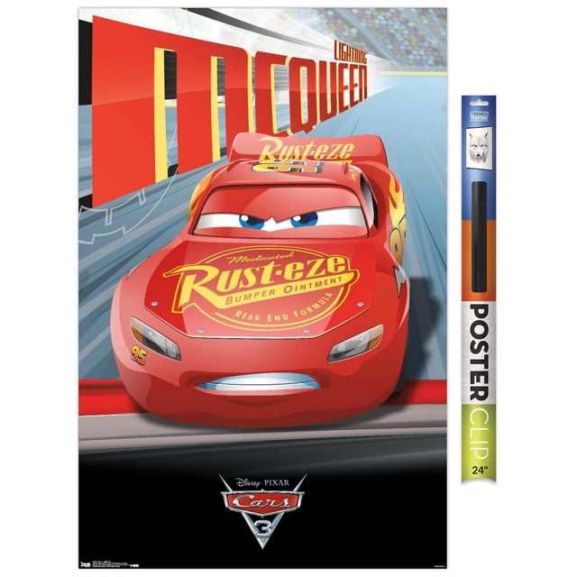 Disney Pixar Cars 3 - Lightning Wall Poster, 22.375" x 34" Framed shows a front-facing Lightning McQueen with red paint, yellow Rust-eze bumper ointment logo on the hood, number 95 on the side, and large red 'McQueen' text behind him on a racetrack, ideal wall art for kids' rooms and party decor.