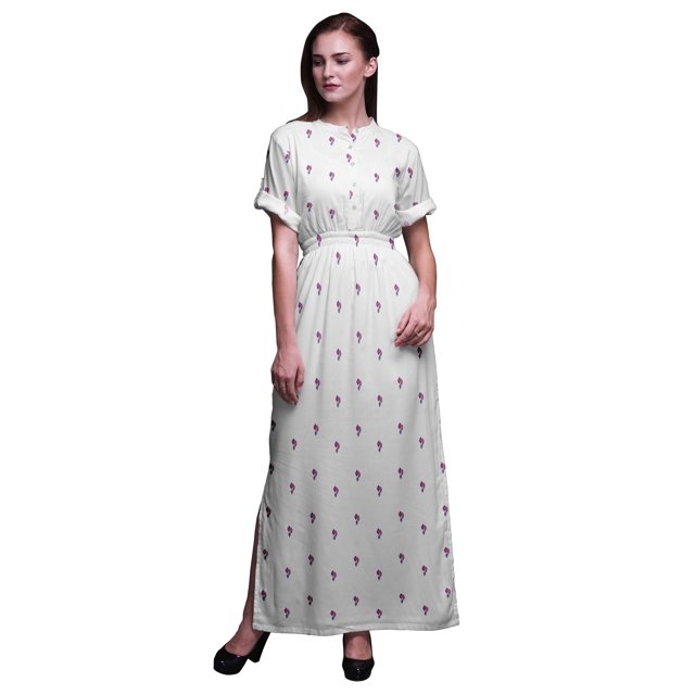 Bimba Robe Longue d'Été en Rayonne à Feuilles Imprimées au Bloc, Manches Kimono, Fente, Grande