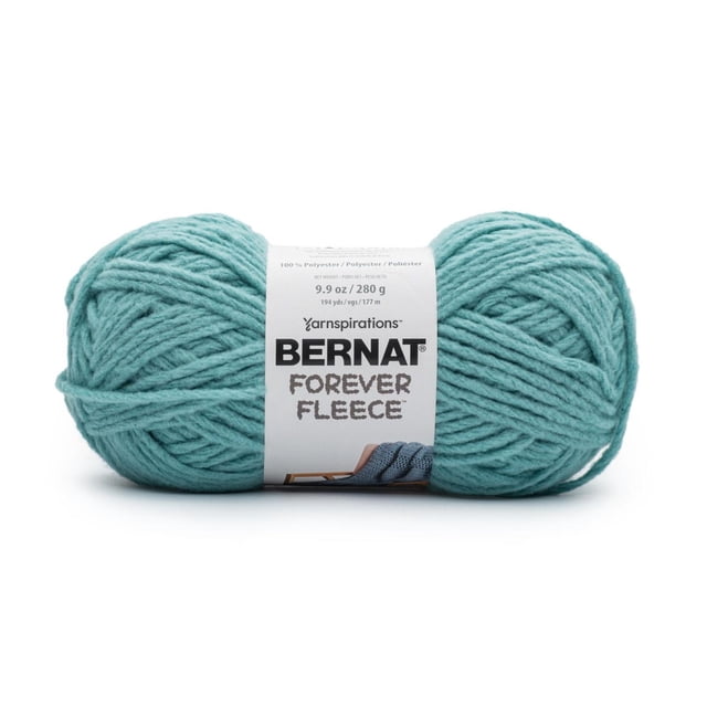 Bernat® Forever Fleece™ Yarn, polyester #6 super bulky yarn weighing 9.9 oz (280 g) and 194 yards, shown front-facing with a soft brushed texture in light blue, wrapped with a white label displaying brand and product name, suitable for quick home decor projects and machine washable.