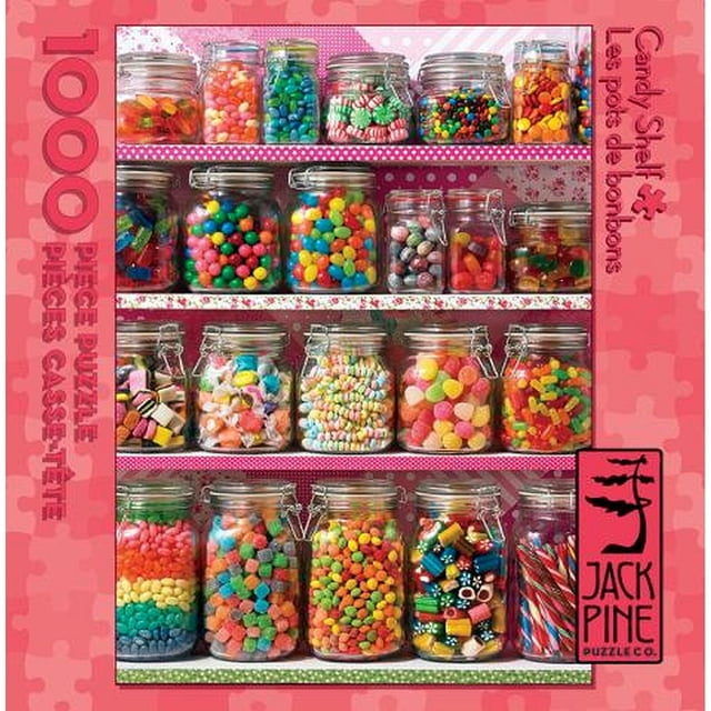 Jack Pine - Candy Shelf 1000-piece jigsaw puzzle featuring a vibrant multicolour design of glass jars filled with assorted candies, including gummies, licorice, and hard sweets. The puzzle showcases a delightful candy shelf photographed locally in Victoria, BC, with intricate details and bright colours.