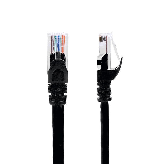 PrimeCables® 50FT Ethernet Network Cable ,High Quality Cat6 550MHz UTP RJ45, Black front-facing coil of black Cat6 UTP cable with molded RJ45 plug. Shows 24AWG pure copper 4 twisted pairs with PE divider and 50µ" gold-plated contacts, rated for up to 10 Gb/s and often used for home office or small server racks.