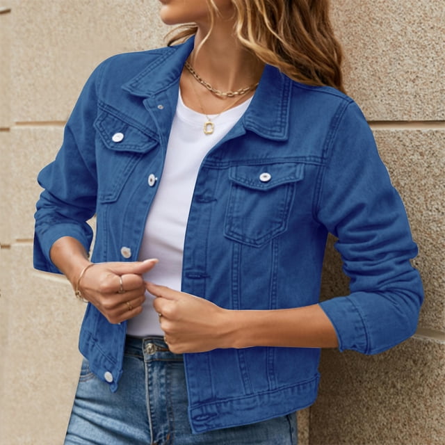 Pxiakgy Women's Basic Solid Color Button Down Denim Cotton Jacket With Pockets Denim Jacket Coat Dark blue XXL