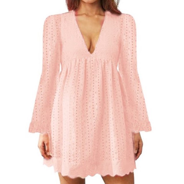 MAWCLOS Robes Mini Amples Ajourées pour Femmes Fête Manches Évasées Robe Courte Rose P