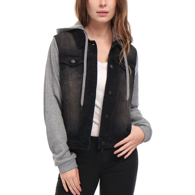 INSPIRE CHIC Women's Washed Denim Jacket in black with contrast grey sleeves and drawstring hood. This jean jacket features a button-down front, panel design, two flap pockets, and two slanted pockets. Styled with a relaxed fit, perfect for layering over casual outfits during spring or fall.