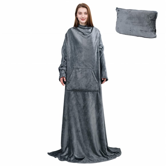 Solaris Travel Wearable Blanket with Sleeves 2 in 1 Packable Airplane Pillow Blanket for Adult Women Men Soft Cozy Warm Snuggy Body Blanket for Outdoor Indoor Home Lounge Gray