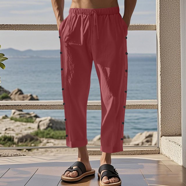 FcBaudy Full Length Pants Men's Casual Holiday Pocket Drawstring Solid Color Elastic Waist Cropped Pants Men Pants
