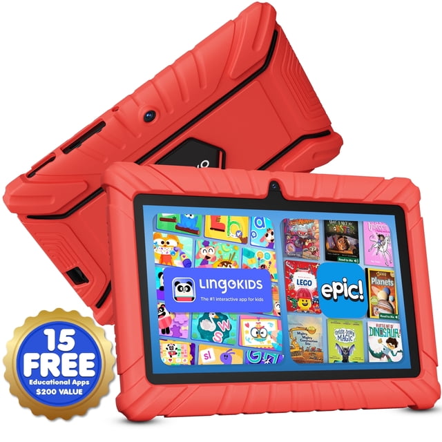 Contixo Tablette pour Enfants 7 Pouces Modèle 2025 avec Epic! & Lingokids, Tablette Android Éducative pour Enfants 3-12 Ans, 32 Go, Contrôles Parentaux, Étui Antichoc – Rouge