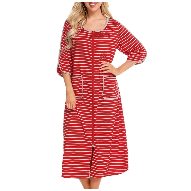 Chemise de Nuit Chaude d'Hiver pour Femmes, Robe de Nuit d'Automne et d'Hiver à Fermeture Éclair avec Poches, Pyjama Ample