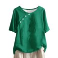 thumbnail image 1 of Yuyuzo Hauts Grande Taille pour Femmes Col Rond T-Shirts à Boutons Été Manches Mi-Longues Décontractés Coupe Ample Hauts, 1 of 5