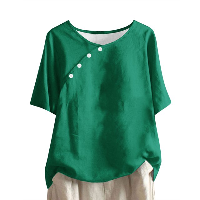 Yuyuzo Hauts Grande Taille pour Femmes Col Rond T-Shirts à Boutons Été Manches Mi-Longues Décontractés Coupe Ample Hauts