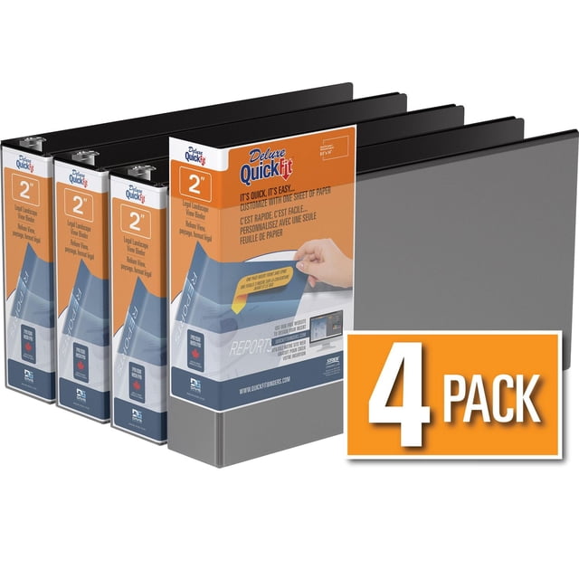 QuickFit Heavy Duty Round Ring Legal Landscape Spreadsheet View Binder, 4 Pack, 2" showing four black binders with 2-inch round rings designed for 8.5" x 14" legal landscape sheets, featuring customizable overlay covers and clear interior pockets for easy content identification, ideal for organizing spreadsheets and reports.