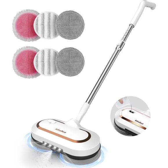 Cordless Electric Mop, AlfaBot Floor Cleaner with LED Headlight & Water Sprayer, Up to 60 mins Working Time, Dual-Motor Powerful Spin Mop with 13.6oz Water Tank for Multi-Surface, Self-Propelled