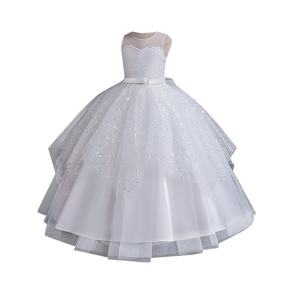 MIASHUI Elegant Embroidered Flower Girl Dress for Formal Parties and Maxi Length Bridesmaid Gown White,6-7 Years