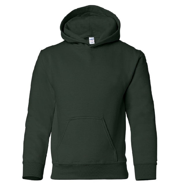 Gildan Heavy Blend Children's Hooded Sweatshirt Top / Hoodie in a plain dark green design. Made from 50% cotton and 50% polyester with midweight fleece fabric. Features a double-layer hood, ribbed elastane cuffs and hem, a kangaroo pocket, and a classic fit. Designed with anti-pilling and durable MVS air spinning technology. Certified Oeko-Tex Standard 100 and Sedex for sustainability.