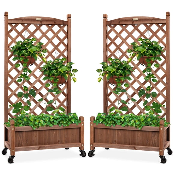Best Choice Products Set of 2 48in Wood Planter Box & Diamond Lattice Trellis, Mobile Outdoor Raised Garden Bed for Climbing Plants w/Drainage Holes, Optional Wheels - Walnut