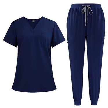 Ktyne Womens Scrubs Sets Stretchy Nurse Uniform Short Sleeve V-Neck Scrub Top & Jogger Pant Solid Color Scrubs Sets with Multi Pocket Dark Blue M