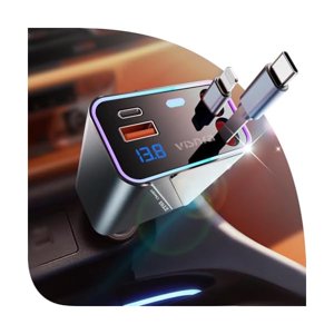 YJJSKEJI Chargeur de voiture rétractable [168W Max 2.9FT USB C Adaptateur de chargeur de voiture] Compatible avec iPhone 16, 15, 14, 13, 12, Samsung, Gris