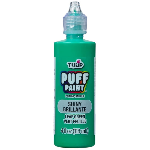 Tulip Puff Dimensional Fabric Paint leaf green 4 fl. oz. bottle with clear precision tip, nontoxic liquid paint that dries shiny, permanent, flexible, and machine washable, ideal for 3D fabric and craft designs.