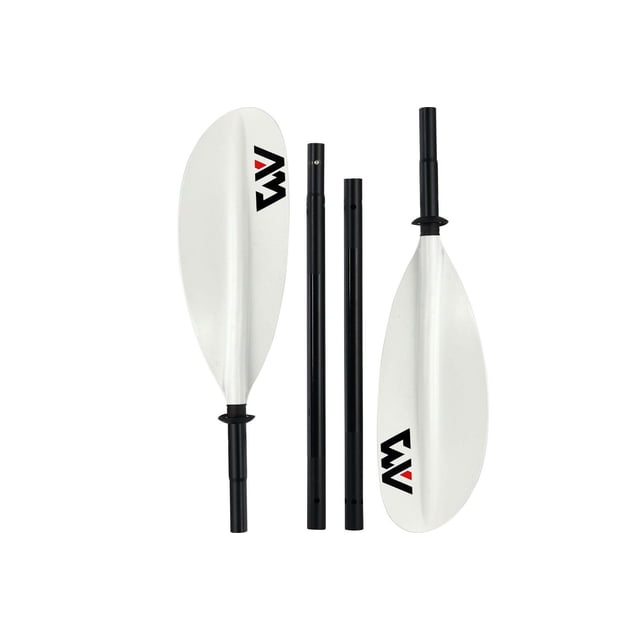 Aqua Marina KP-1 Aluminum Kayak Paddle with four black aluminum shaft sections and two white double blades made of polypropylene and fiberglass, adjustable to 230 cm for lightweight, durable kayaking performance.
