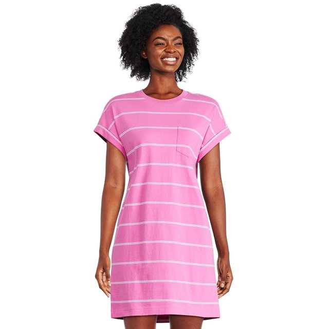 George Robe à Poches pour Femme en Rose avec Rayures Horizontales Blanches, Fabriquée en Tricot jersey 100 % Coton, avec Encolure Ras du Cou, Manches dolman Courtes, Poche Poitrine Plaquée et Ourlet Droit Décontracté, Convient aux Tenues Décontractées et aux Pique-Niques.