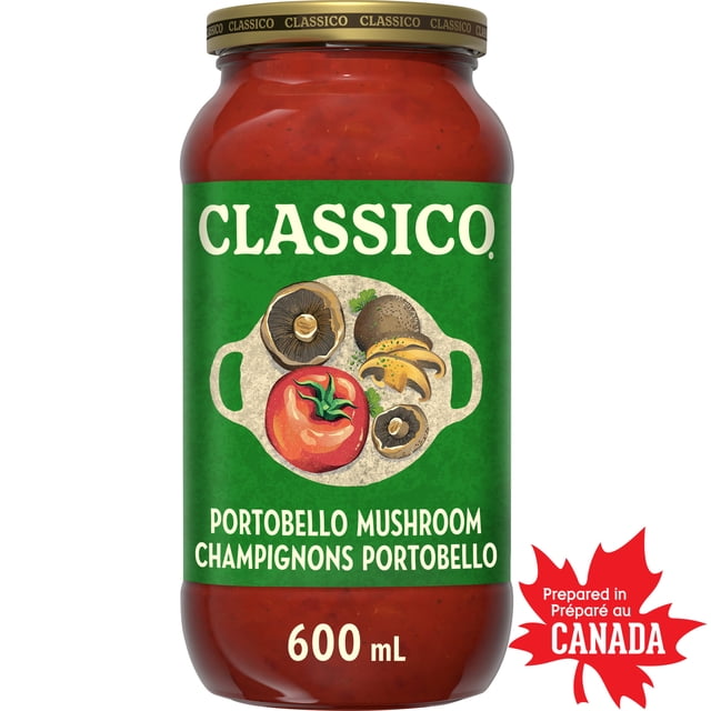 Classico Sauce pour Pâtes aux Champignons Portobello dans un Pot en Verre de 600 ml avec Étiquette Verte Présentant des illustrations de Champignons Portobello et de Tomates, Scellée avec un Couvercle de Marque Classico Doré, Préparée au Canada, Convient aux Plats de Pâtes d'Inspiration Italienne.