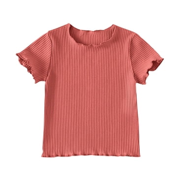 biudgviw T-Shirts pour Tout-Petites Filles à Volants Col Ras du Cou Manches Courtes Couleur Unie T-Shirts Côtelés Hauts Blouses Décontractées d'Été