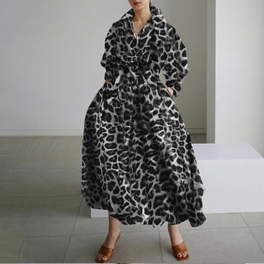 Tralilbee Mode Femmes Robe Chemise Longue Imprimé Léopard Élégante Col Bureau Dames Robe de Travail Ample Personnalité Manches Longues Décontractée Grande Taille