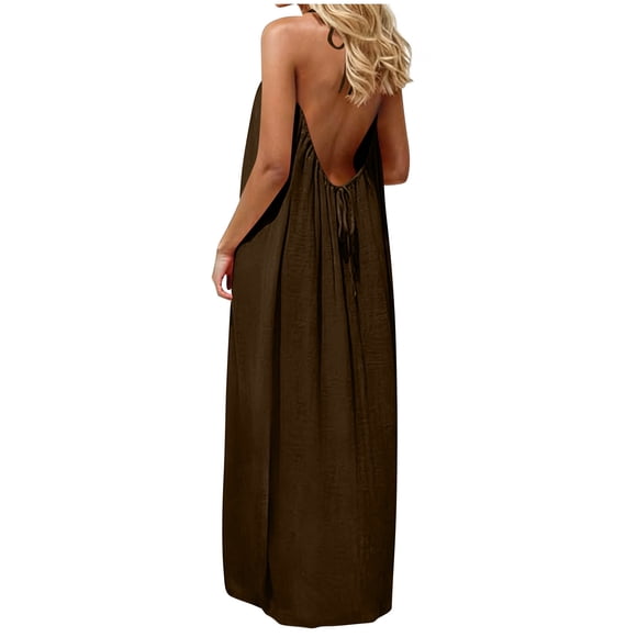HongQid Womens Summer Casual Sleeveless Backless Cami Dress for Beach Vacation Flowy Beach Vacation Boho Maxi Dress